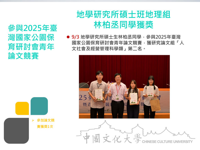 地學研究所碩士班地理組 林柏丞同學獲獎(114.09.03)圖片