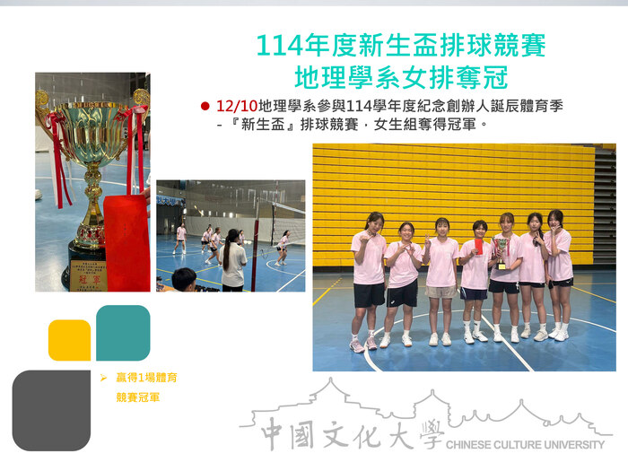 114年度新生盃排球競賽 地理學系女排奪冠(114.12.10)圖片