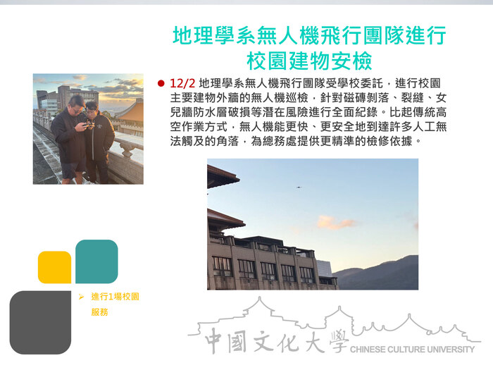 地理學系無人機飛行團隊進行校園建物安檢(114.12.02)圖片